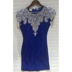 Vintage Scala 100% Silk Beaded Fringe Cocktail Dress Blue White Womens S